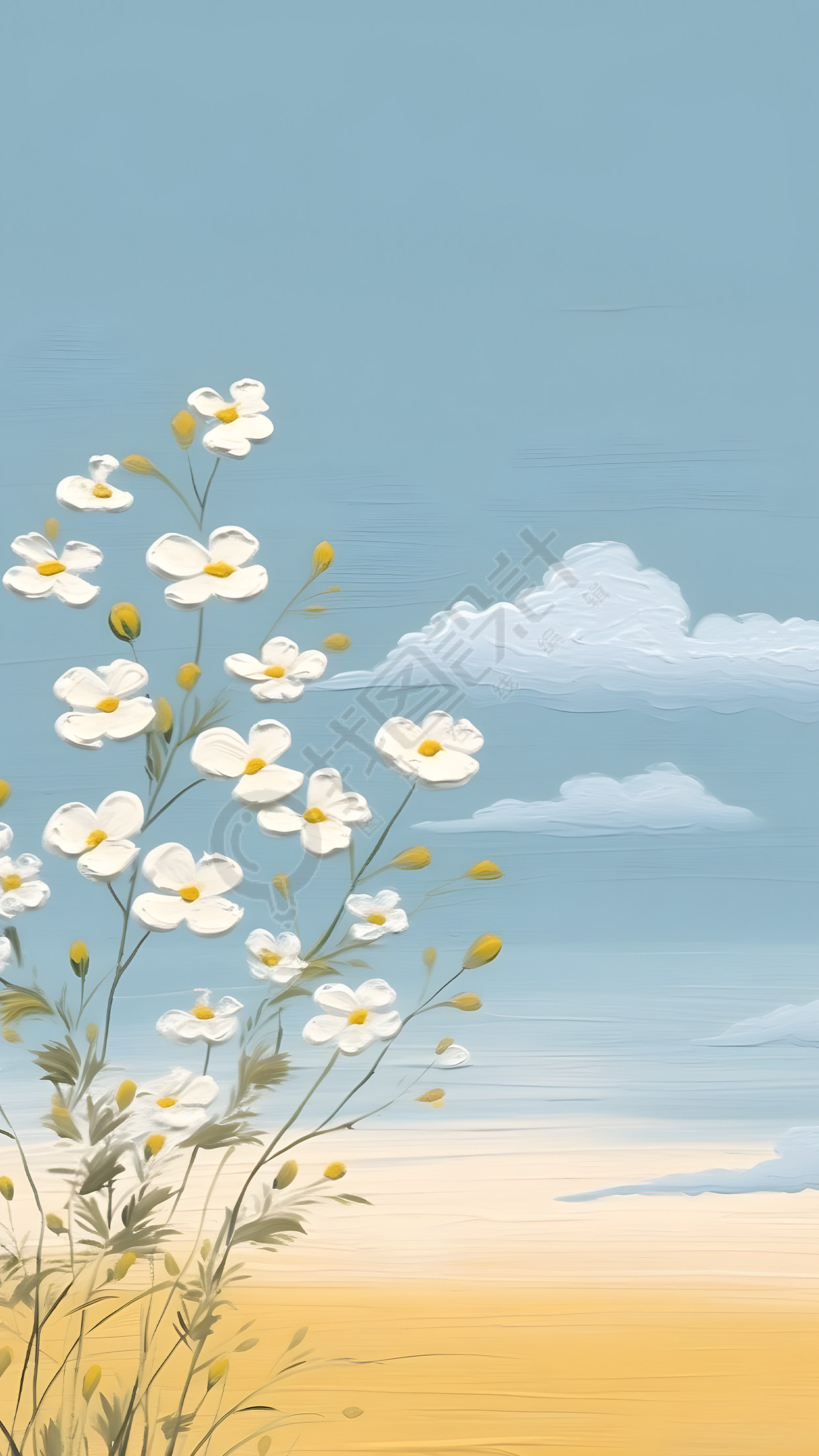 蓝天白云油画风格小白花背景
