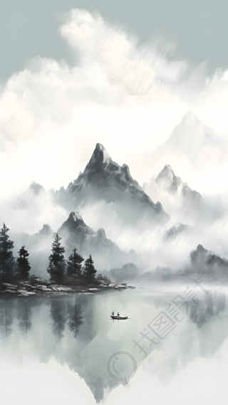 中国风水墨山水松树背景