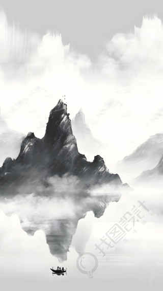 水墨画远山湖中小舟背景