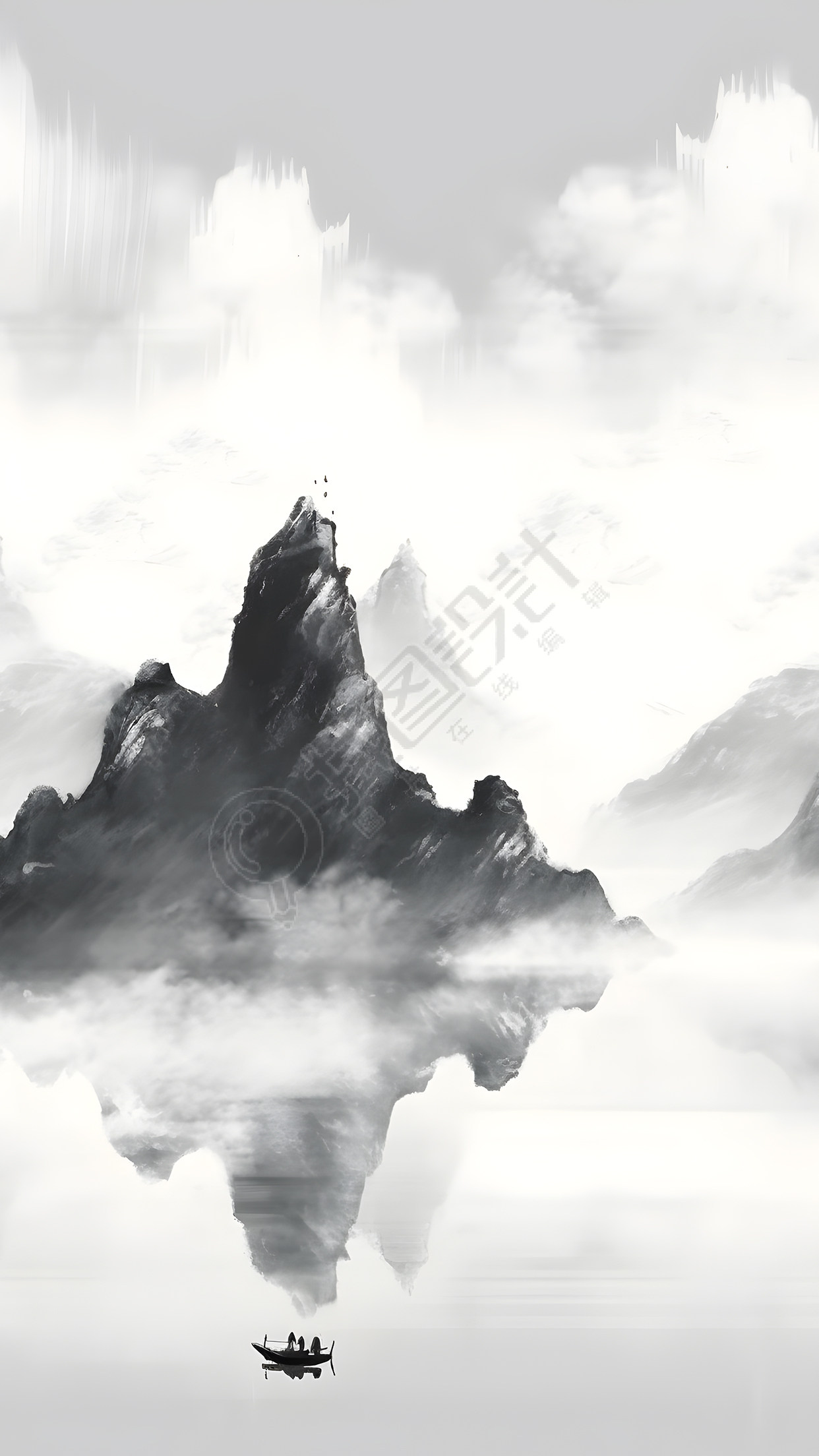 水墨画远山湖中小舟背景