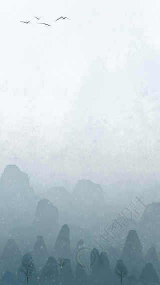 清晨雾蒙蒙的远山飞鸟背景