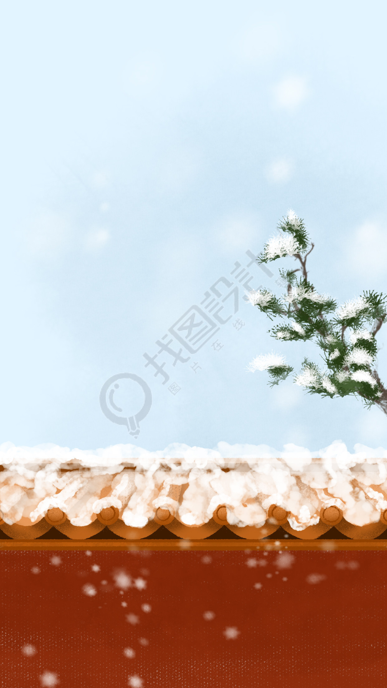 红色围墙绿色松枝唯美雪景背景