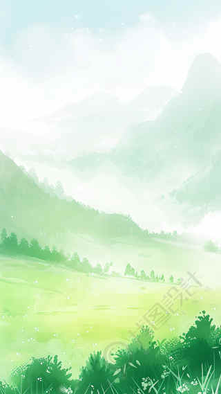 春天远山水彩风背景