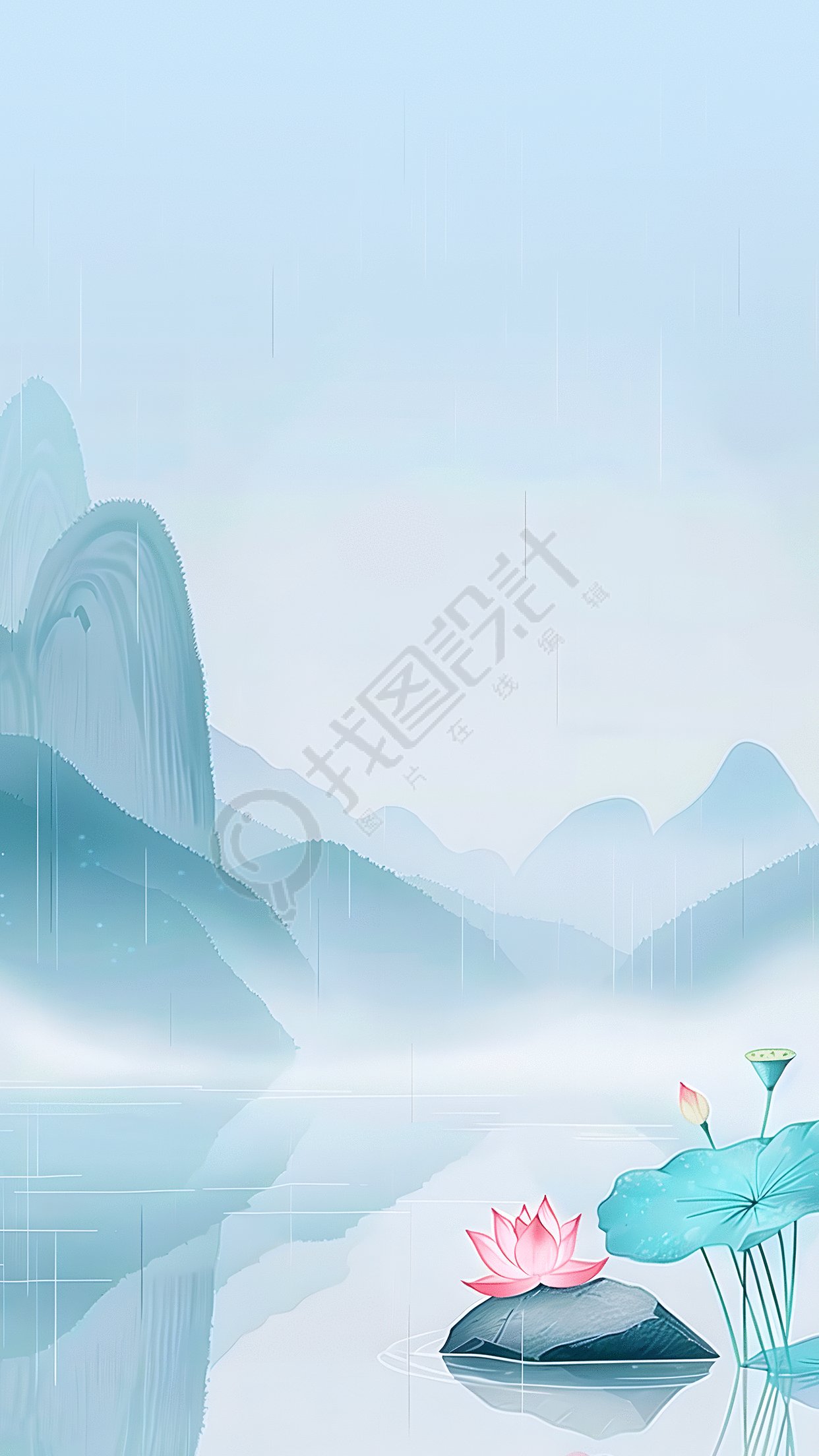 水墨远山唯美荷花背景