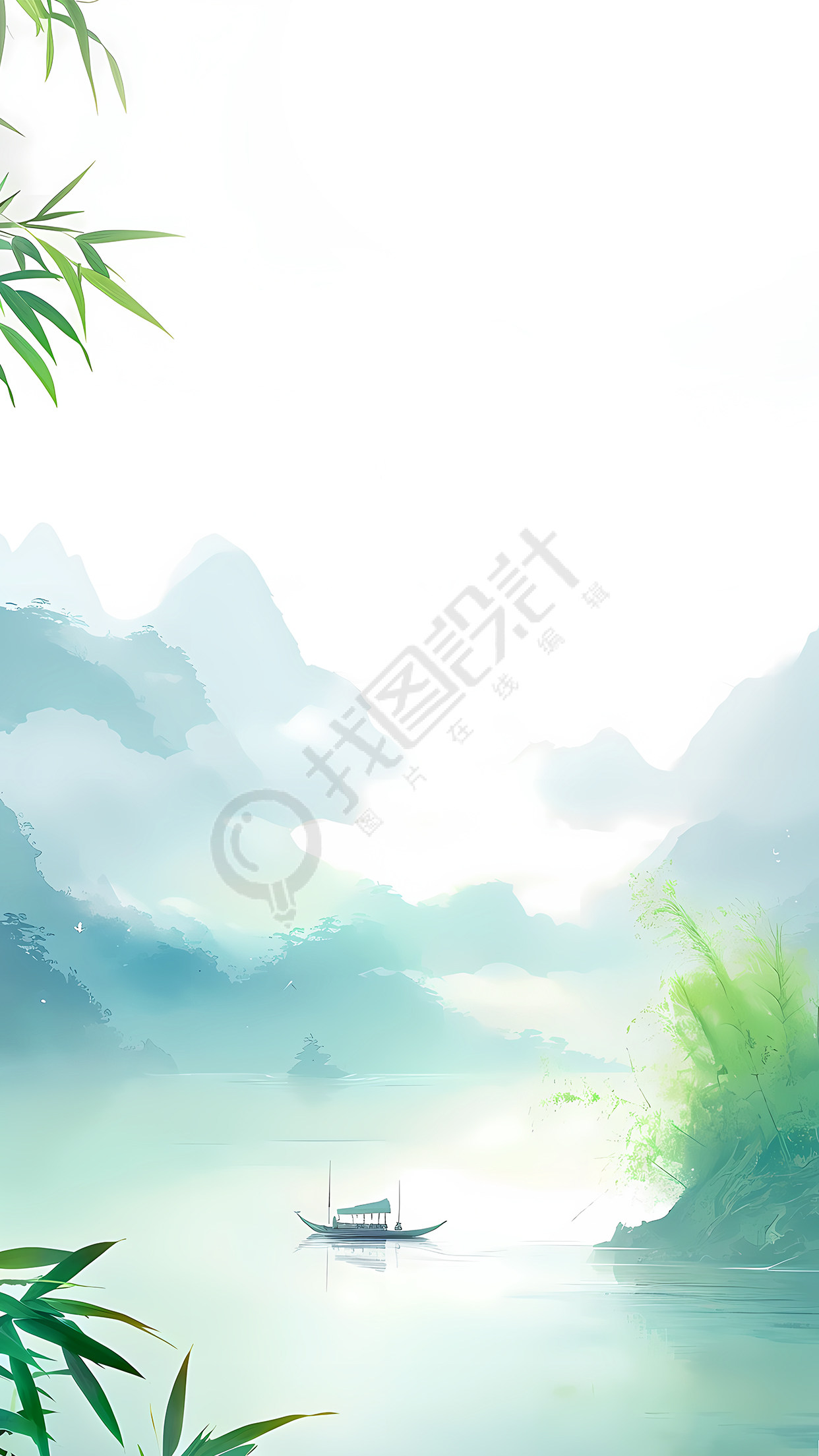 古风远山渔船清明背景