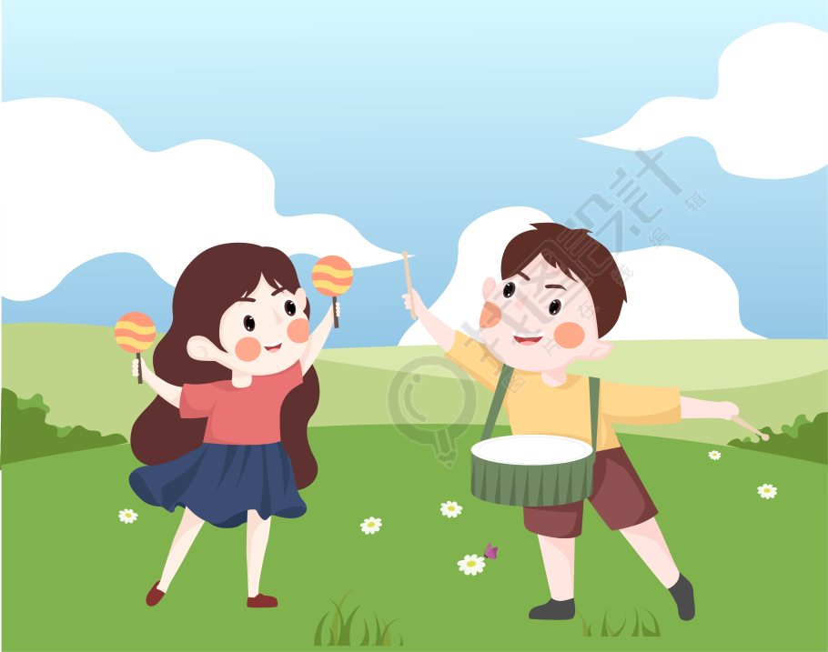 打鼓摇哑铃的两个小孩