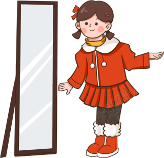 穿新衣过新年照镜子卡通女孩