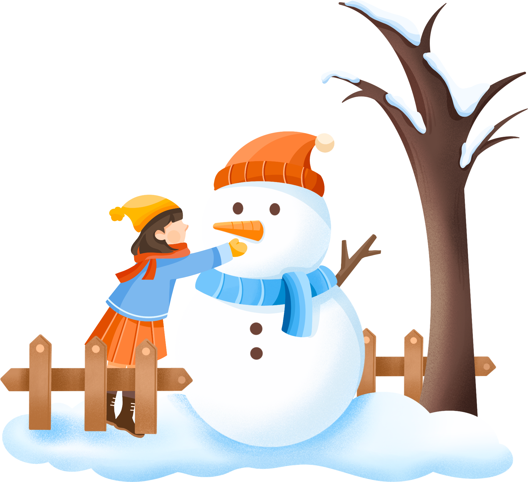 围栏女孩堆雪人图片素材视频怎样画？