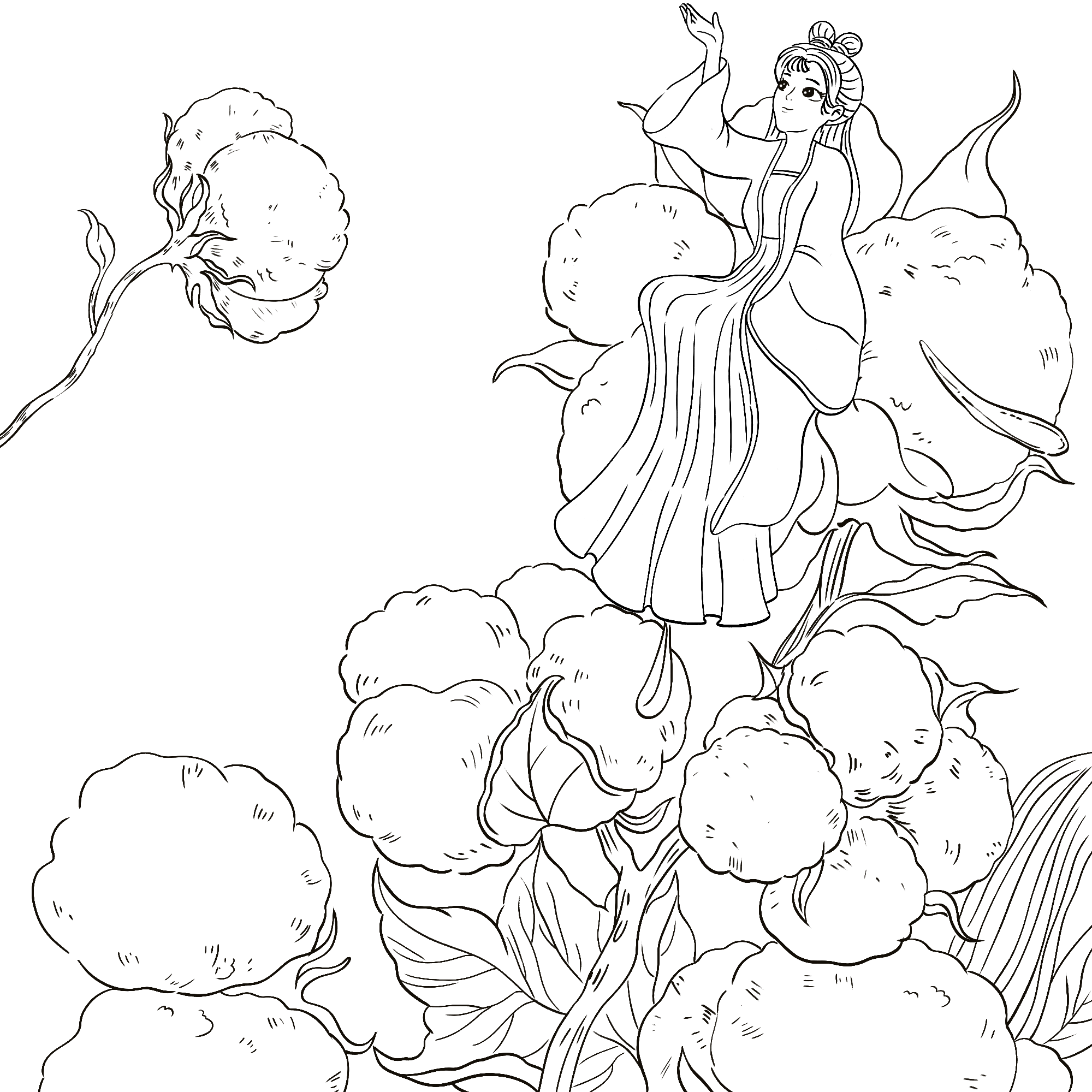 古装女孩坐在棉花上线稿