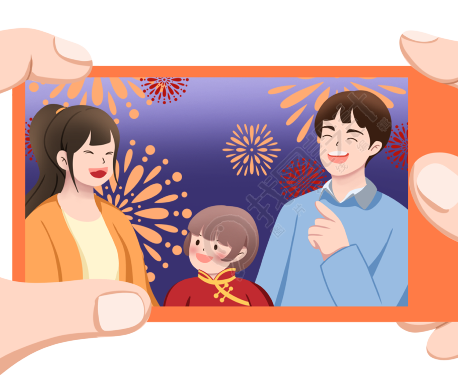 手拿新年喜庆一家人照片