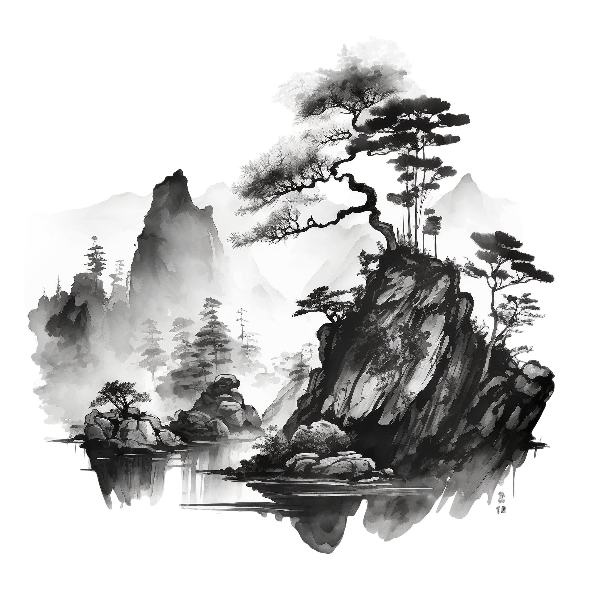 中国水墨山水元素插画设计