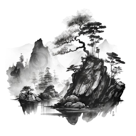 中国水墨山水元素插画设计