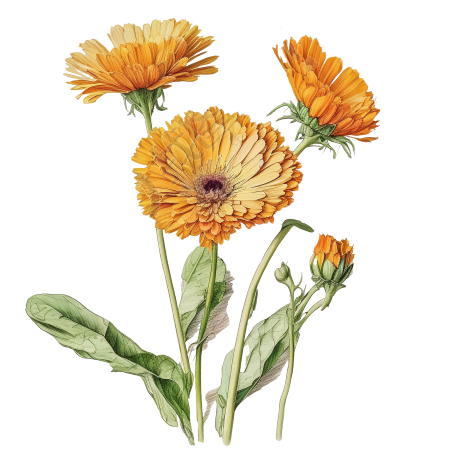 金盏花水彩画、钢笔画图形素材PNG透明背景