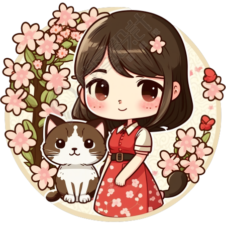 可商用PNG高清插画设计素材-中国风女孩抱猫头像