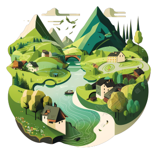 绿山环绕的小村庄PNG图形素材