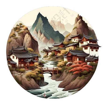 山水小村落白底可商用PNG素材