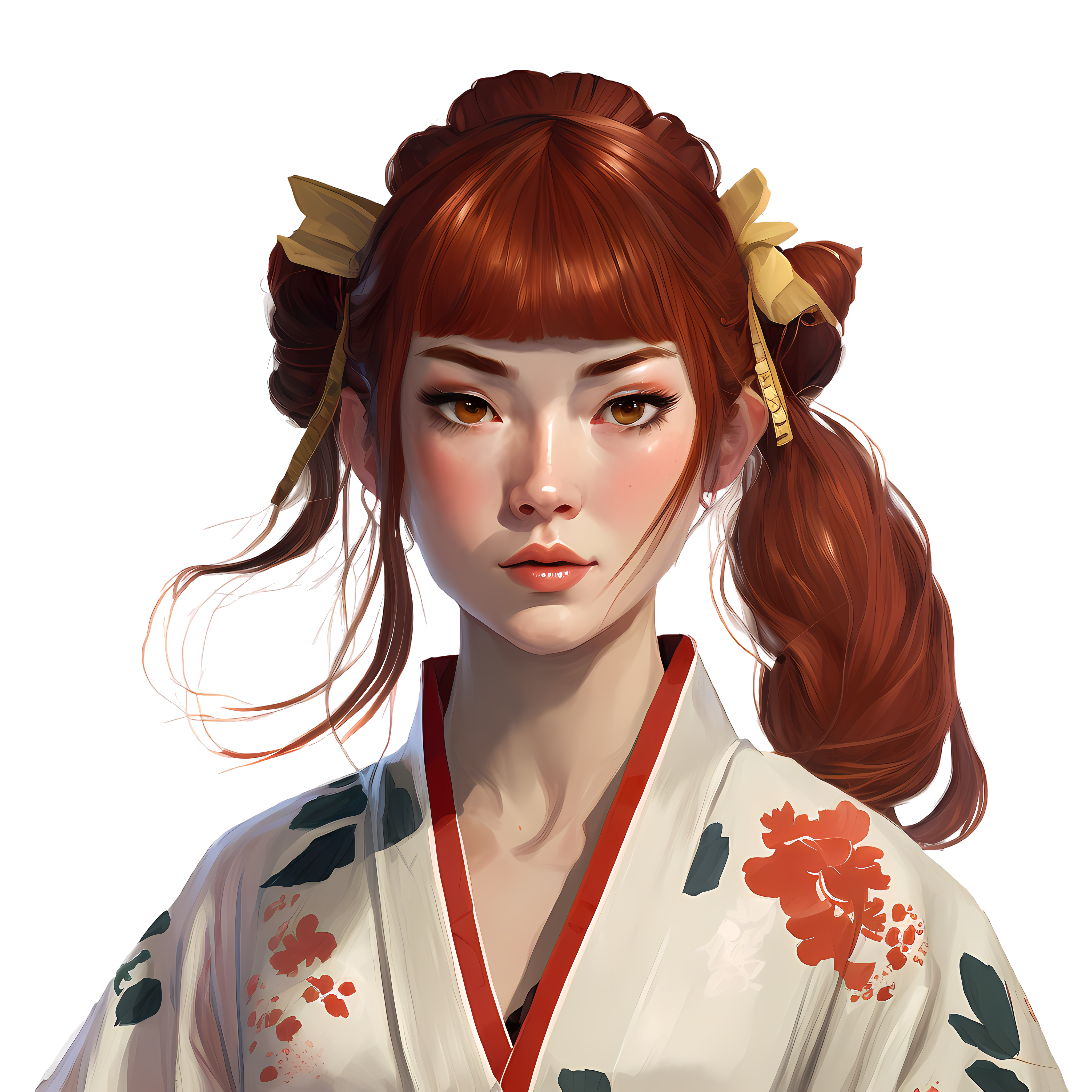 金眸棕发少女白衣红夹子素材