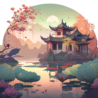 Art Nouveau与精美画风的中国山水建筑PNG图形素材