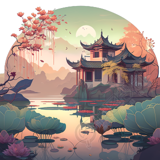 Art Nouveau与精美画风的中国山水建筑PNG图形素材