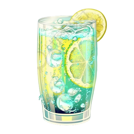 清新怡人柠檬气泡水透明玻璃杯内配柠檬片高清PNG图形素材