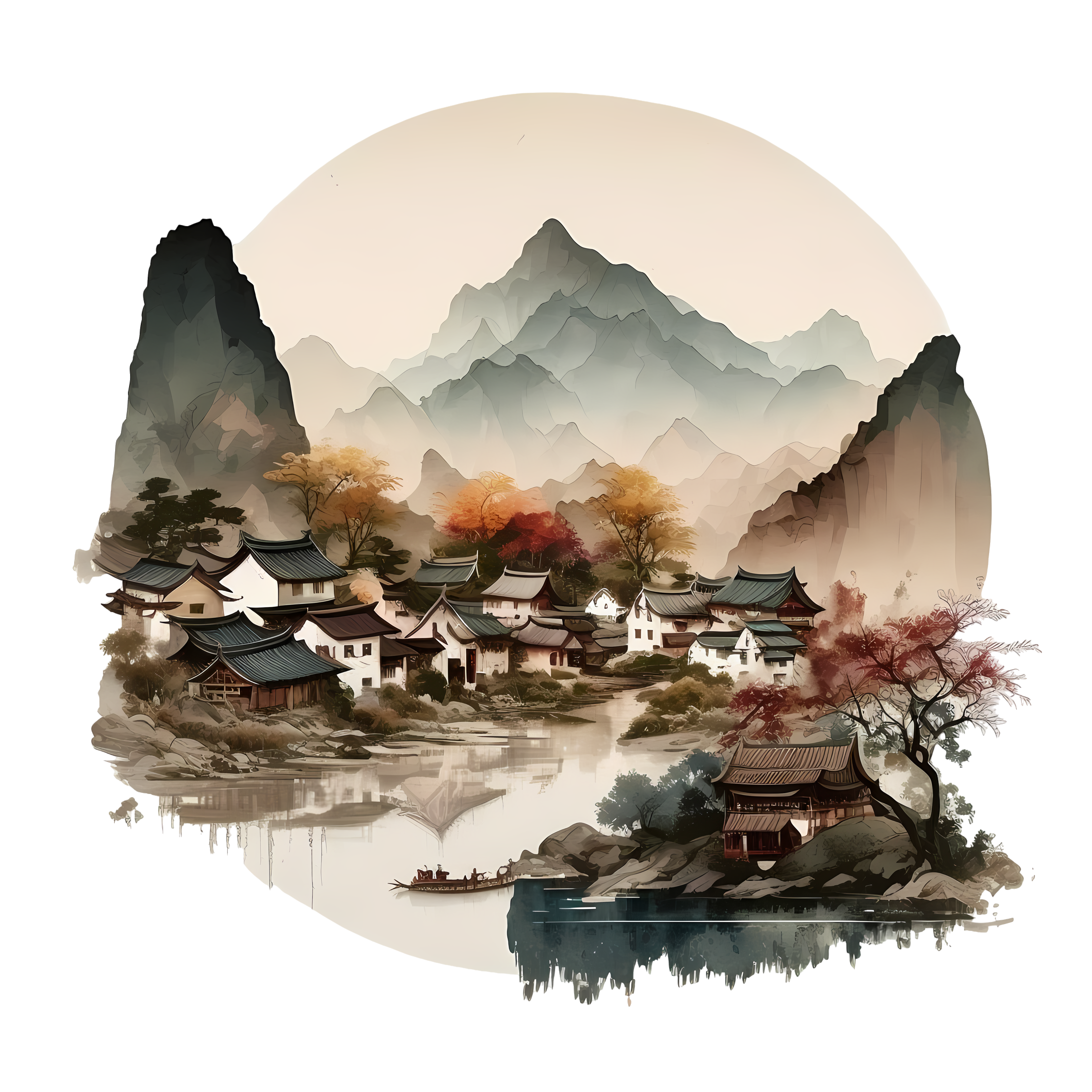 山水小村落透明PNG图形素材