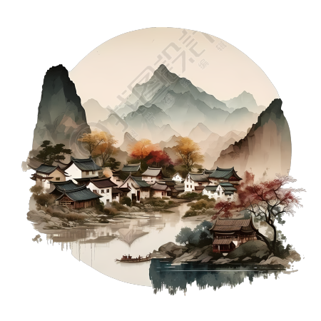 山水小村落透明PNG图形素材