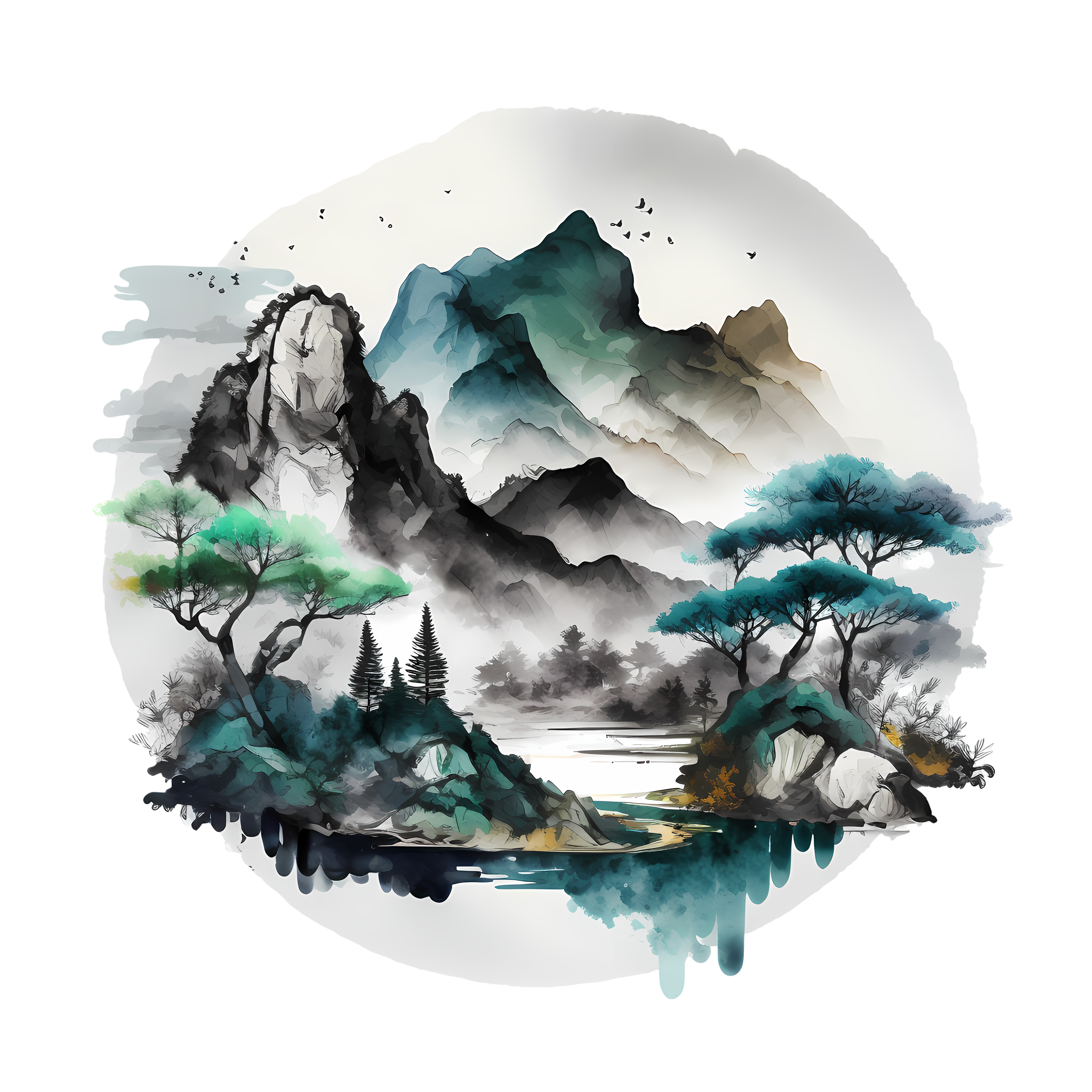 墨色山水画风PNG素材