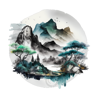 墨色山水画风PNG素材