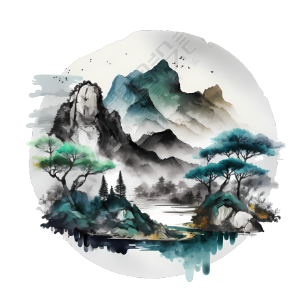 墨色山水画风PNG素材