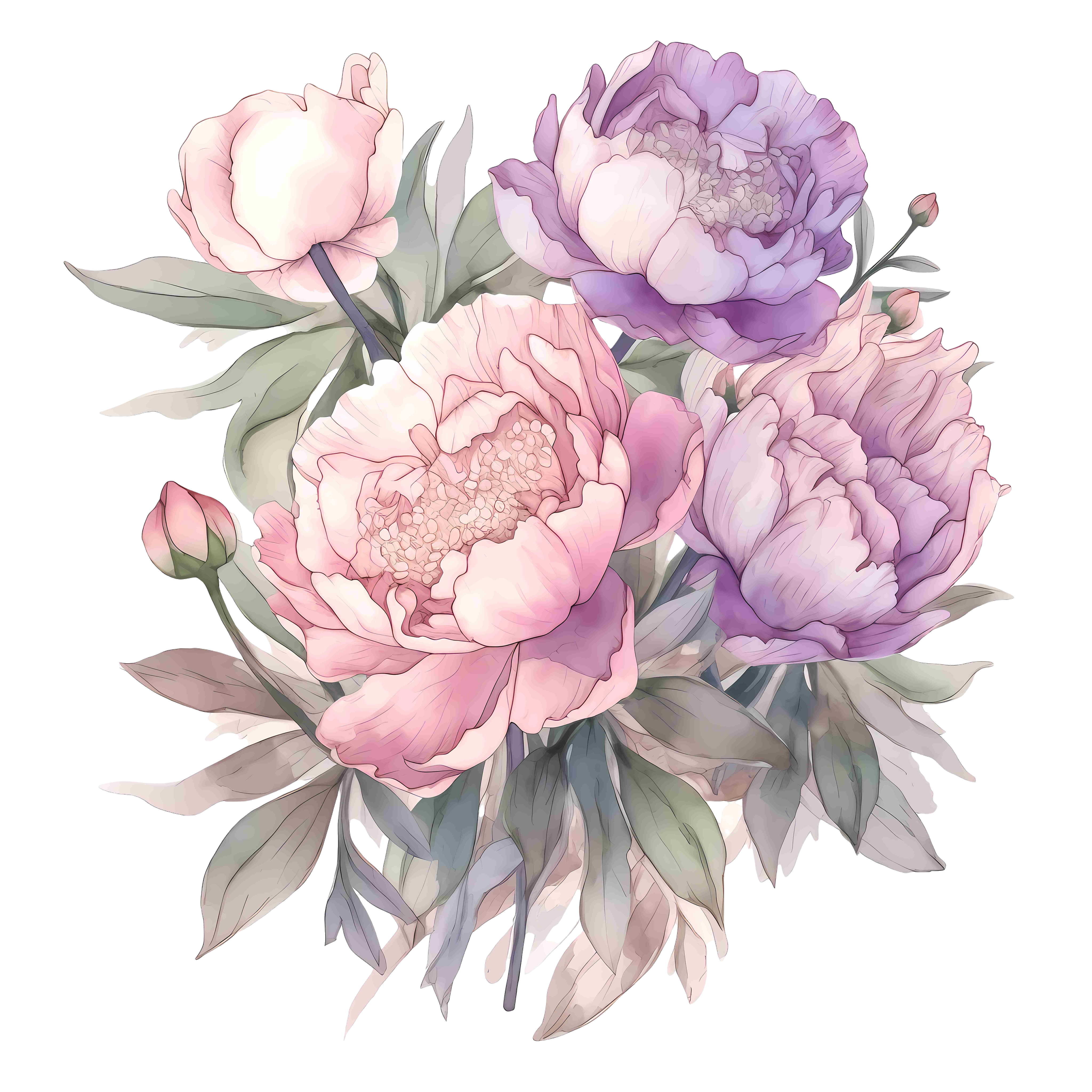 手绘水彩淡色牡丹花束PNG素材