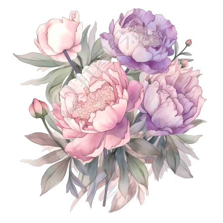 手绘水彩淡色牡丹花束PNG素材