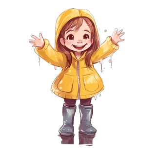 小女孩戴着黄色雨靴玩水，透视俯视图