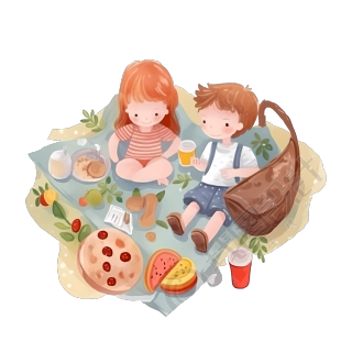 可爱小男孩和女孩野餐，皮克斯动画风格幼儿园插画，俯视图，透明白色背景