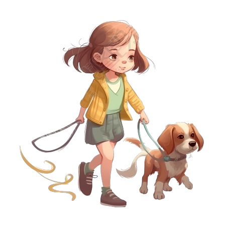 可爱小女孩遛狗插画