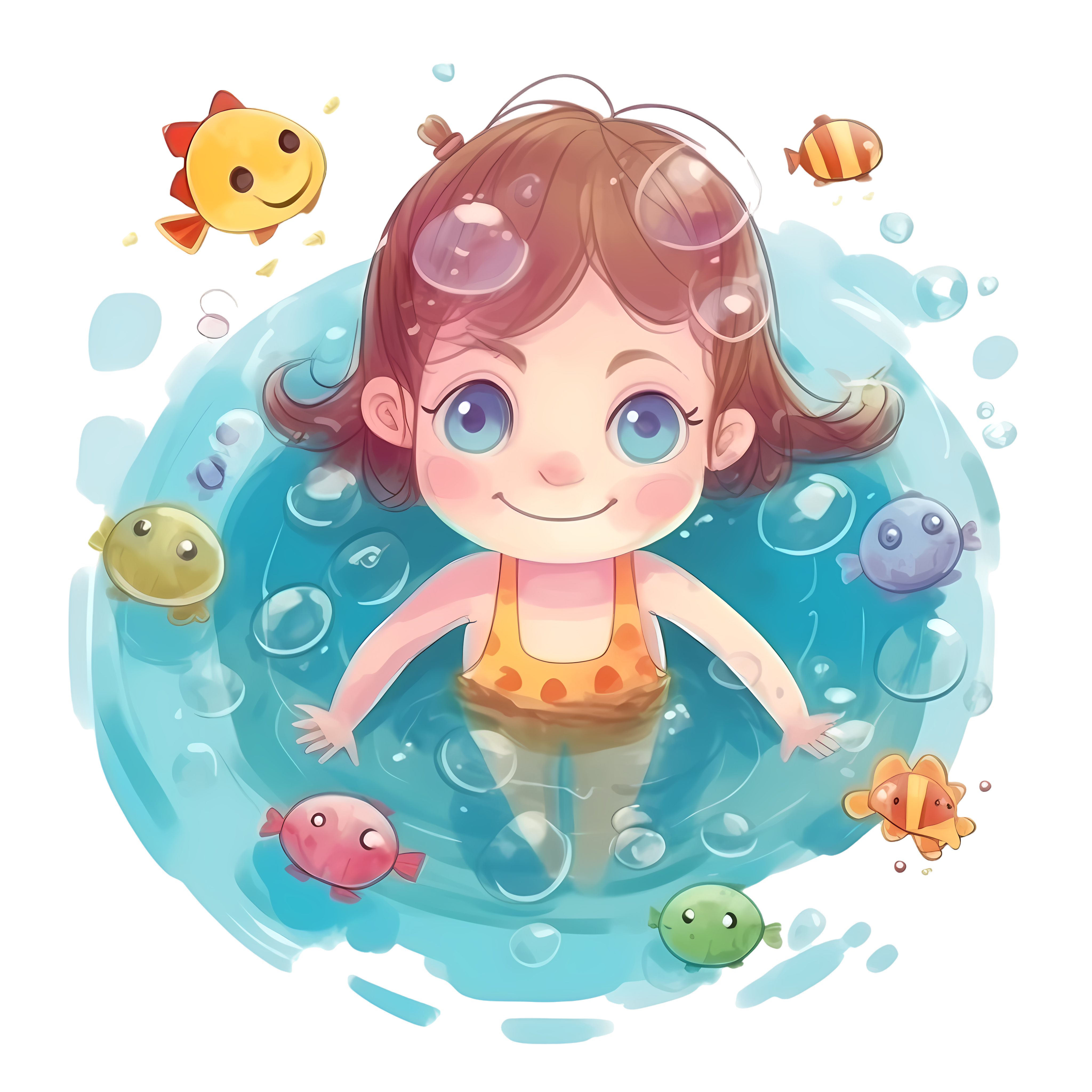 卡通小女孩游泳插画素材