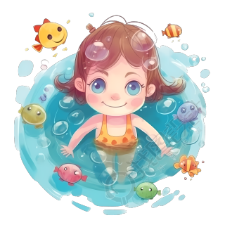 卡通小女孩游泳插画素材