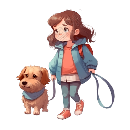 卡通小女孩遛狗插画