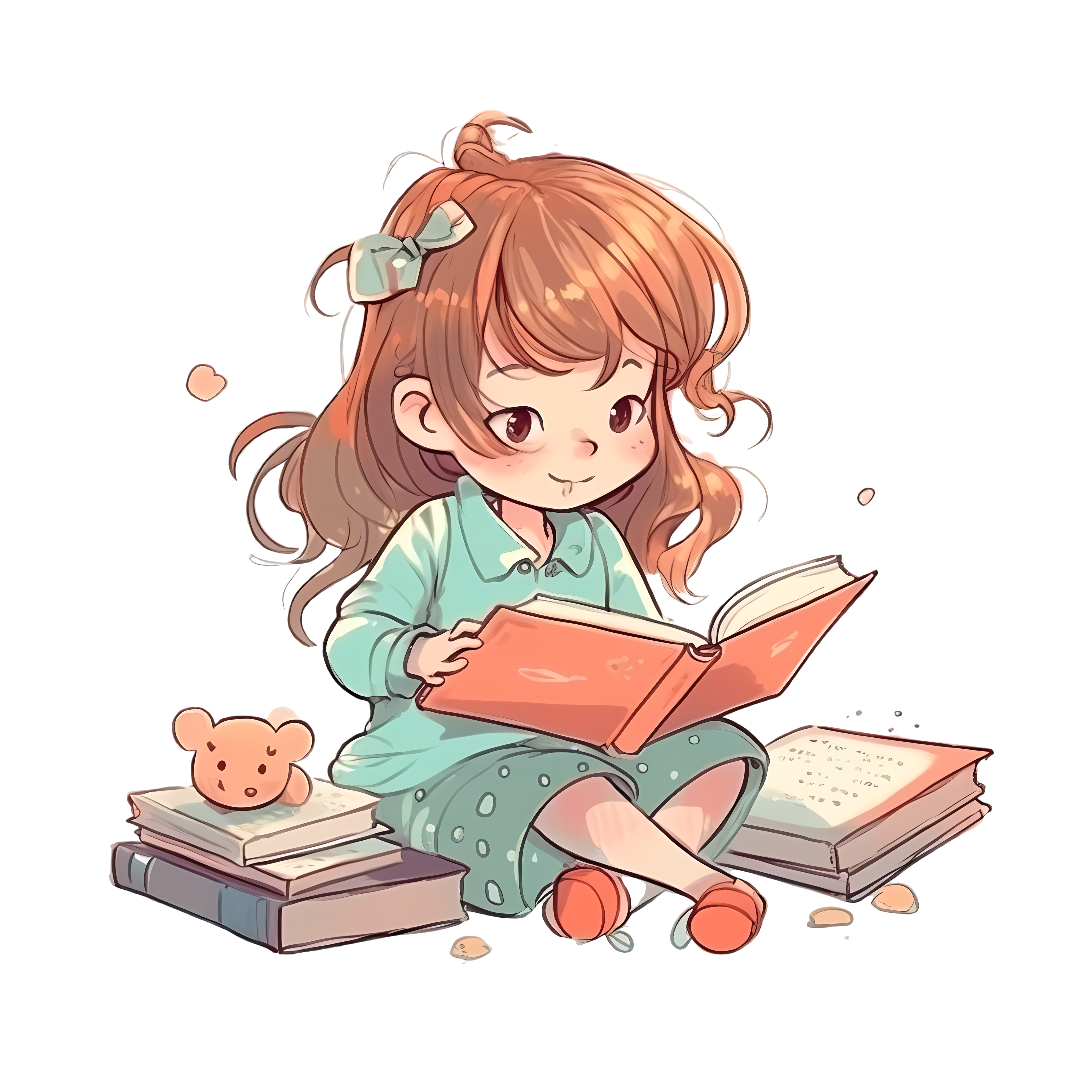 小女孩坐在矫正器和裤子里读书插画设计PNG素材