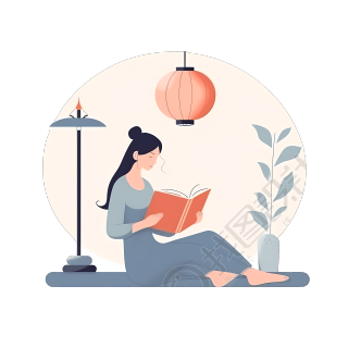 高清图形素材：白底女孩阅读书籍的插画设计
