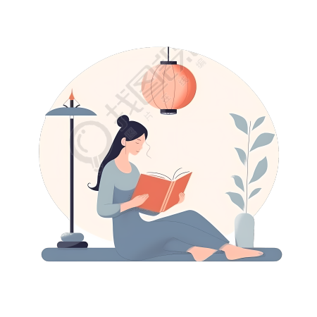 高清图形素材：白底女孩阅读书籍的插画设计