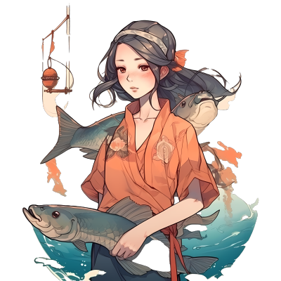 海边少女抱鱼插画素材