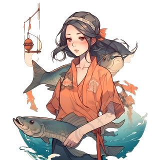 海边少女抱鱼插画素材