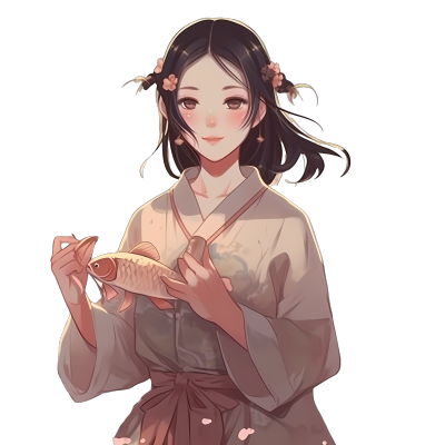 海边少女手持鱼图形素材