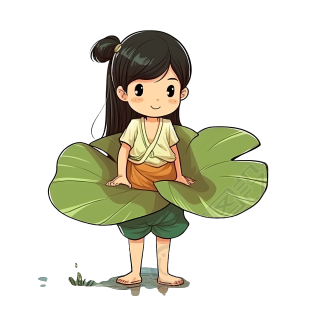 黑色长发小女孩手持荷叶插画素材