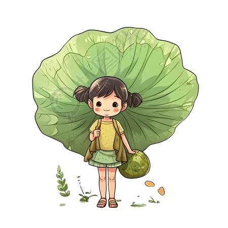 双马尾小女孩手持荷叶图片