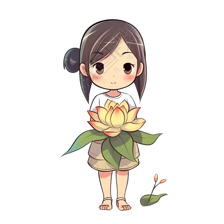 捧着黄色莲花的可爱小女孩图片