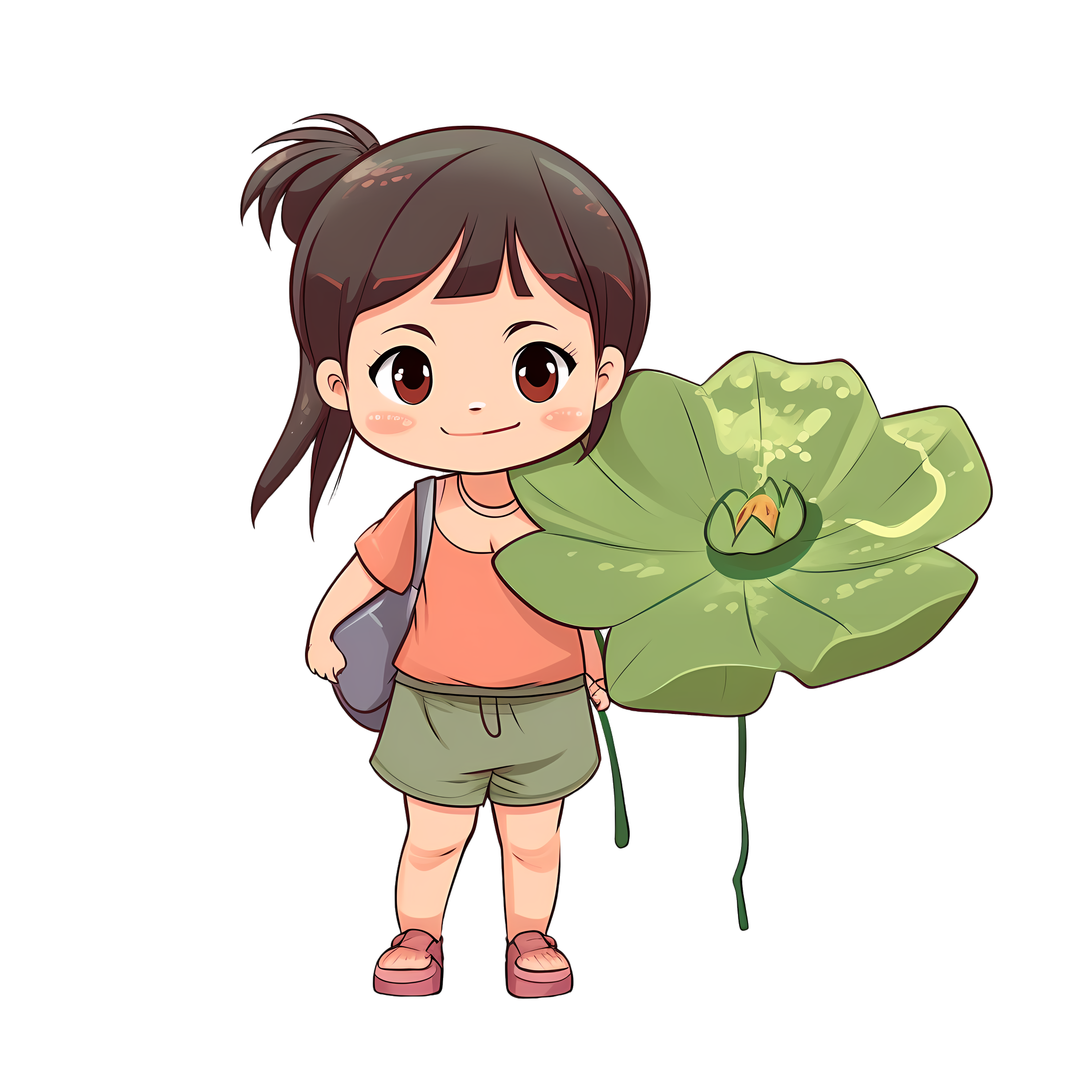 穿凉鞋的小女孩手持荷叶卡通矢量图