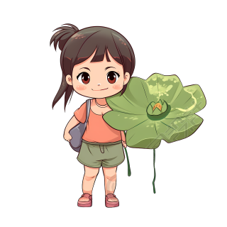 穿凉鞋的小女孩手持荷叶卡通矢量图