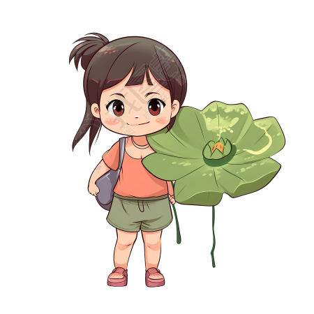 穿凉鞋的小女孩手持荷叶卡通矢量图