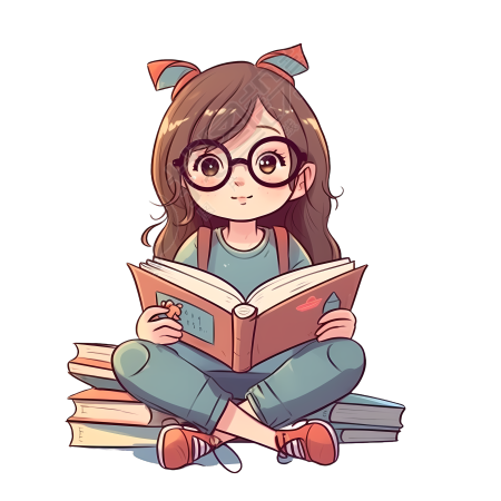 坐在书籍边上阅读的女孩插画